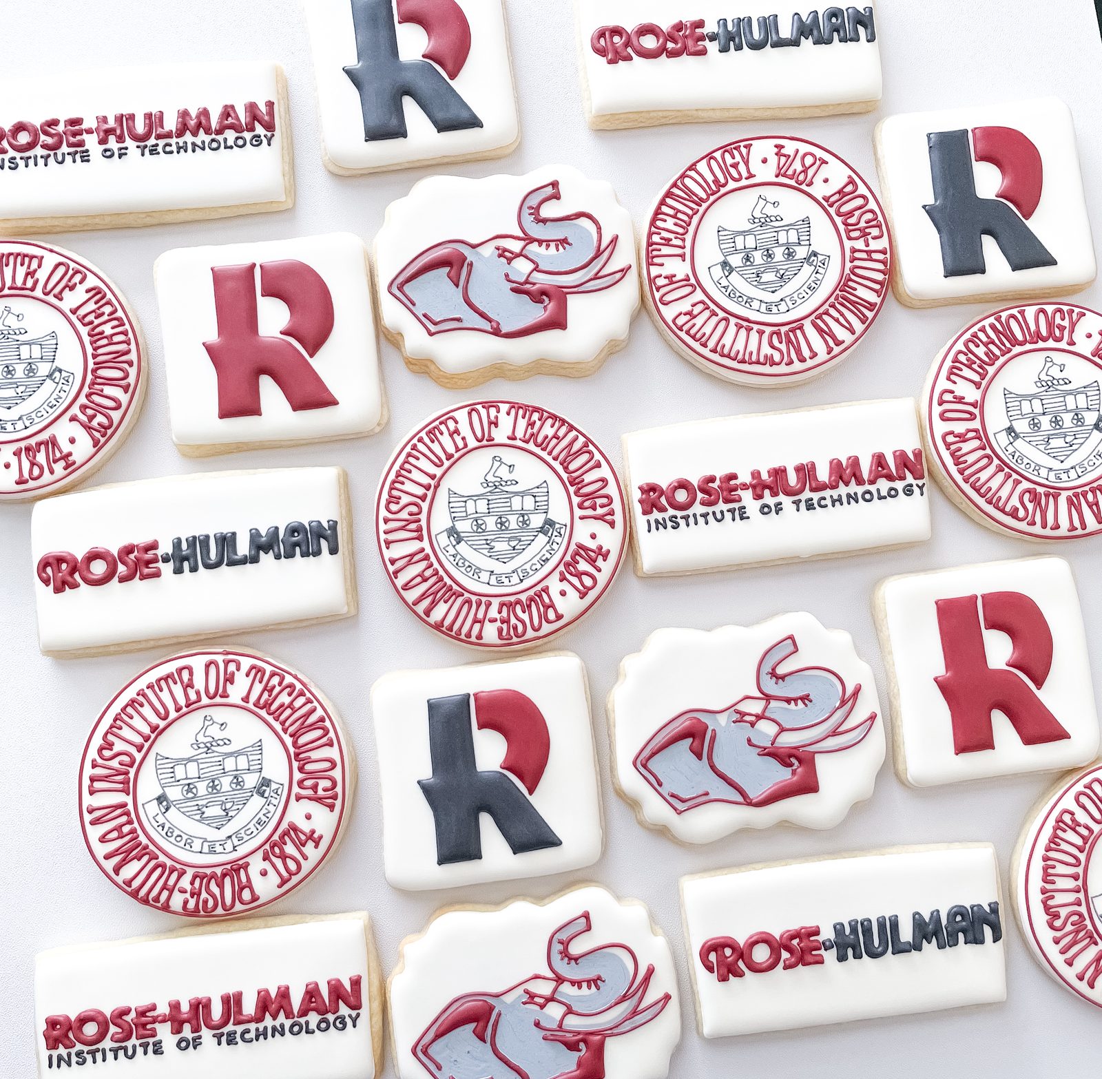 Rose-Hulman Institute of Technology cookies with logos, seals, and elephant mascot